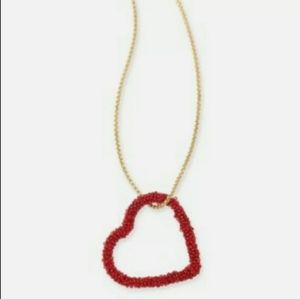 Red Beaded Heart Pendant Long Necklace, INC